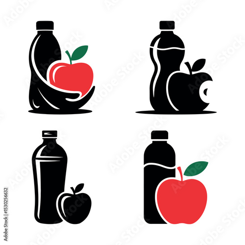 Silhouette icons of water bottles with apples – healthy lifestyle, fitness drink, organic juice or diet symbol – black, white, and red graphic illustrations set for logo and branding