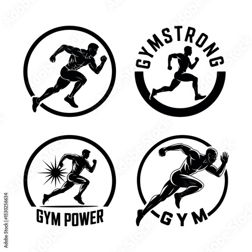 Silhouette of a Running Athlete Inside a Circle – Black and White Gym, Fitness, and Power Sports Logo Icon Set for Workout, Training, or Athletic Brand Identity Design