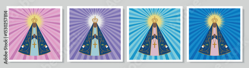 Set of illustrations of Our Lady of Aparecida, Virgin Mary. With vibrant and modern colors.