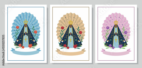 Set of posters of Our Lady of Aparecida with flowers in pastel colors. For printing, decoration and frames. Vector illustration.