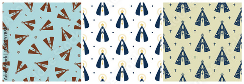 Set of prints of Our Lady of Aparecida. Seamless patterns for fabric, invitations, posters. Vector illustration