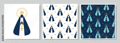 Set of seamless patterns of the Holy Virgin Mary praying. Catholic print. Vector illustration