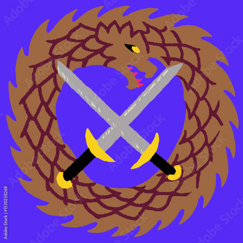 Brown dragon ouroboros with crossed swords on blue field