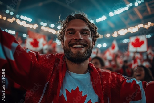 Joyful Canadian hockey fans celebrate in vibrant red and white jerseys under stadium lights