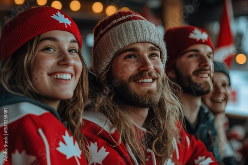Passionate hockey fans celebrate with joy as they support their team under stadium lights in a lively atmosphere