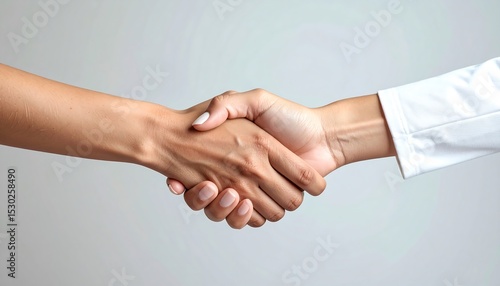 Handshake Agreement  Cooperation Closeup of two hands clasping on a grey background.