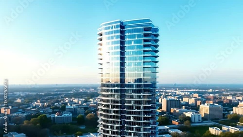 Modern glass skyscraper rising over a cityscape under a clear blue sky