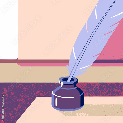 Illustration of a quill in an inkwell on a textured surface