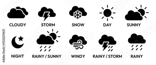 Weather forecast icon set. Rainy, storm, snow, cloudy, sunny, windy, day, night, summer, winter, line, label, collection, logo, symbol, black, flat vector, isolated illustration on white background.