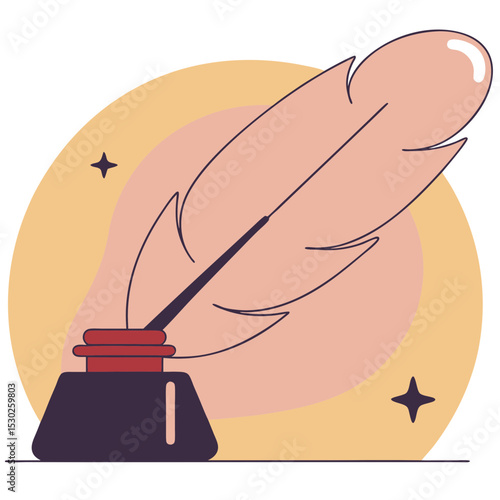 Illustration of a quill pen in an inkwell with stars around