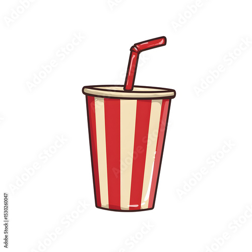 Colorful of a striped takeaway cup containing a refreshing soda drink with a red and white straw