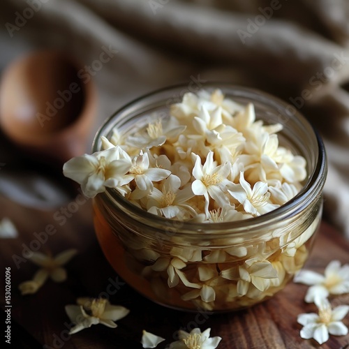 Preserved white flowers in a glass jar