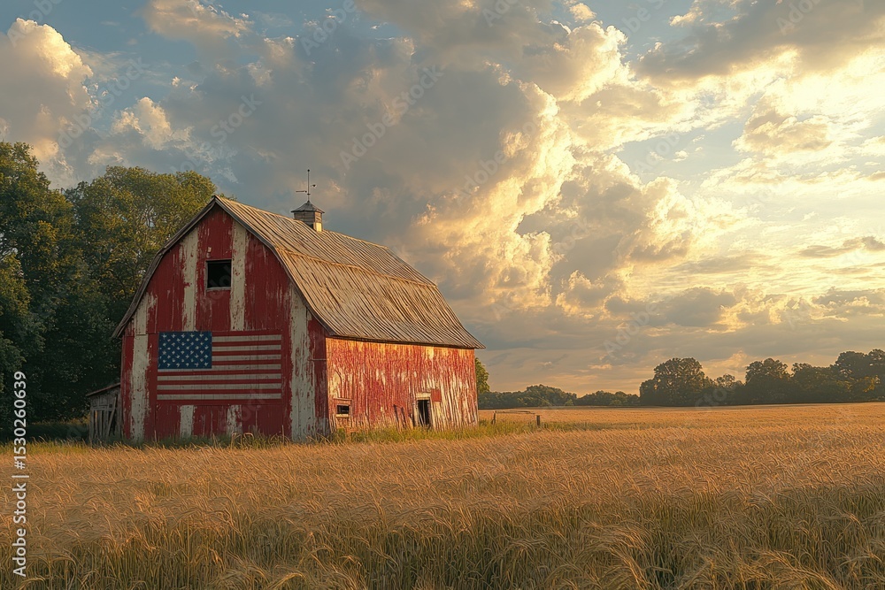 Fototapeta premium Rustic barn adorned with an American flag under dramatic evening light amidst golden fields