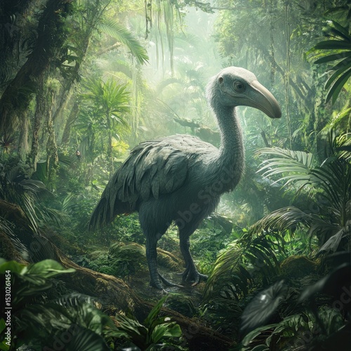 A prehistoric bird in a lush jungle