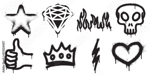 collection of eight bold black graffiti stencil icons on a white background, including a star, diamond, flames, skull, thumbs up, crown, lightning bolt, and heart.