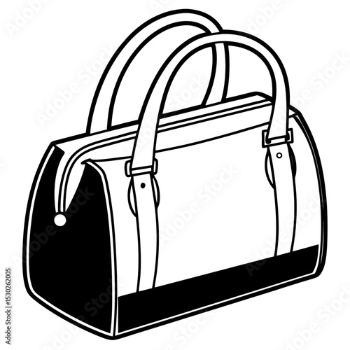 Illustration of a duffel bag with handles in black and white