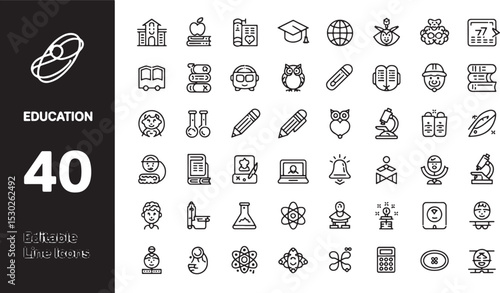 40 Editable Line Icons School, Education, and Learning Vector Set