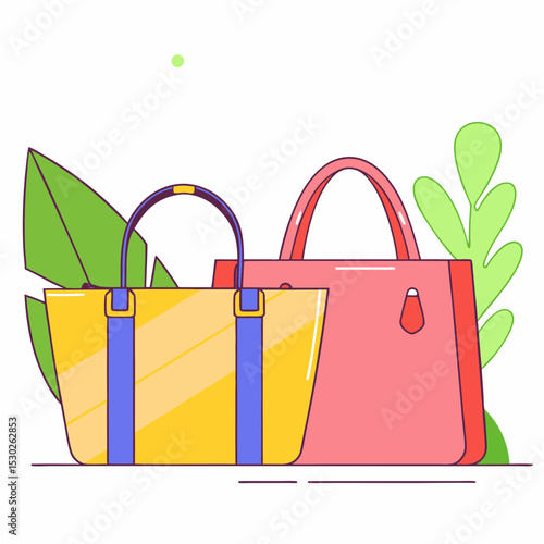 Illustration of two stylish bags with leaves behind them