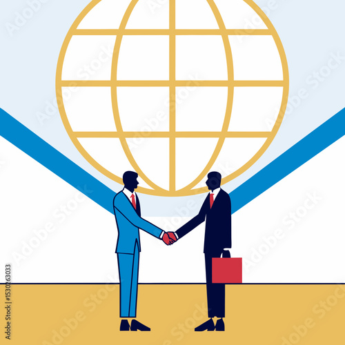 Two businessmen shaking hands in front of a globe graphic