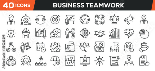 Business teamwork icons set. Web line icons collection business, cooperation, organization, leadership. Editable stroke. Perfect pixel vector illustration isolated on white background.
