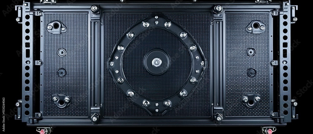 Fototapeta premium A dark gray rectangular device with a central circular component, surrounded by smaller components and attachments. It features a textured surface and numerous fasteners