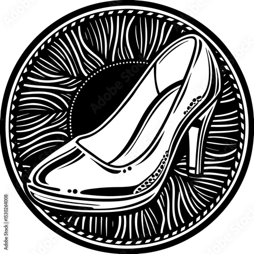 Elegant high heel shoe in a decorative circular frame