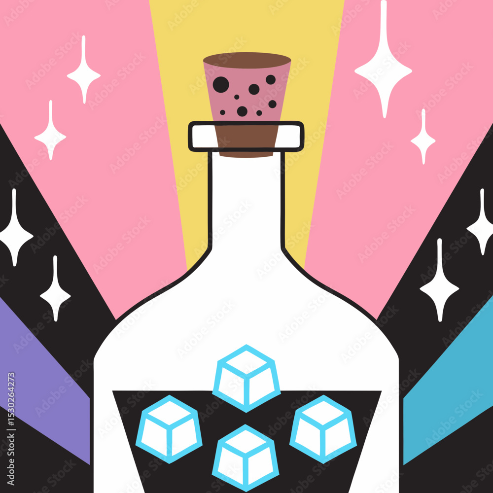 A bottle with ice cubes and a cork against a colorful background A bottle with ice cubes and a cork against a colorful background