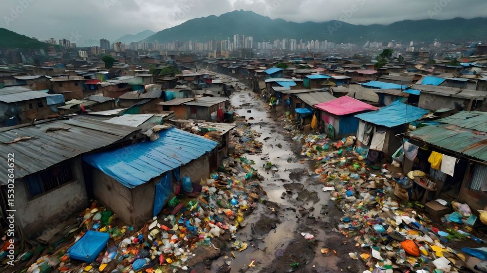 custom made wallpaper toronto digitalAerial drone view of an expansive slum settlement filled with piles of garbage, plastic waste, and debris. The image shows densely packed makeshift houses with tin roofs and worn-out structures in con