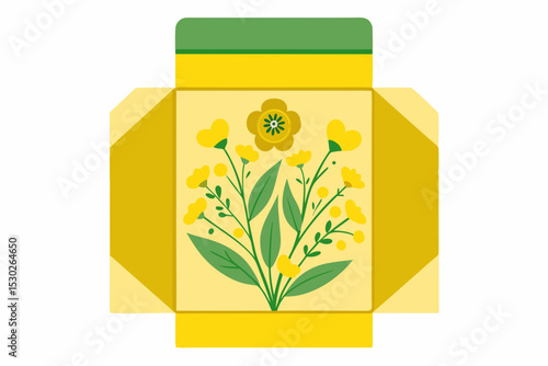 Herbal tea box design idea using yellow mustard flower artwork