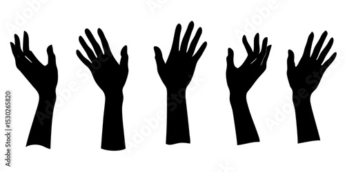 Five black silhouettes of female hands reaching up
