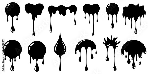 Black dripping paint splatter shapes collection