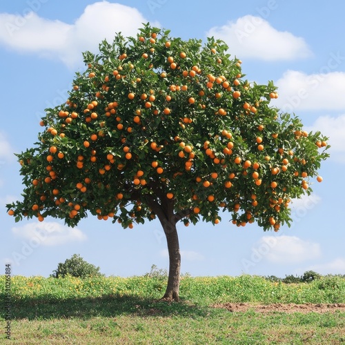 Orange tree laden with fruit against a clear sky