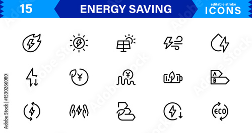 Energy Saving Icon Collection with Eco, Renewable, Power, Green Technology, and Sustainability Symbols in Simple, Download-Ready Design