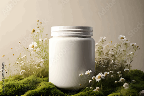 A picture product photography picture of a white jar on moss and flowers, with a light cream gradient background.