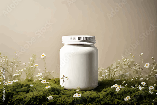 A picture product photography picture of a white jar on moss and flowers, with a light cream gradient background.