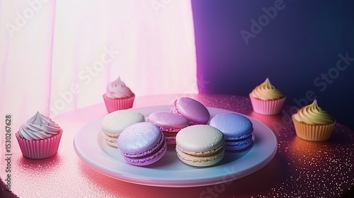 Surreal pastel dessert scene with macarons and cupcakes, rainbow-pink tablecloth, deep purple wall, soft pink lighting