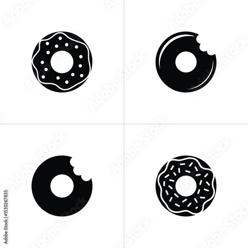 Black and White Featuring Four Donuts with Bites and Sprinkles on a White Background