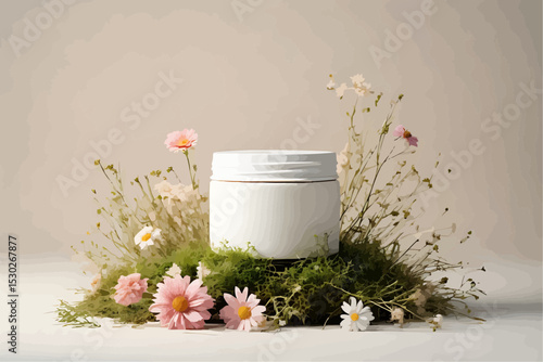 A picture product photography picture of a white jar on moss and flowers, with a light cream gradient background.