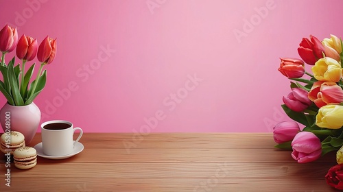 Wide pink banner with coffee cups, macarons, and flowers on wooden tabletop
