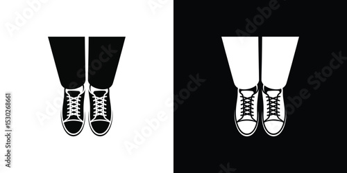 Black and White Illustration of Legs and LaceUp Sneakers, High Angle Perspective