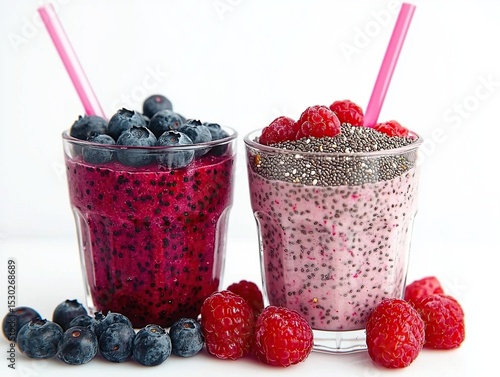 Two Smoothie Glasses with Berries and Chia Seeds on White Background