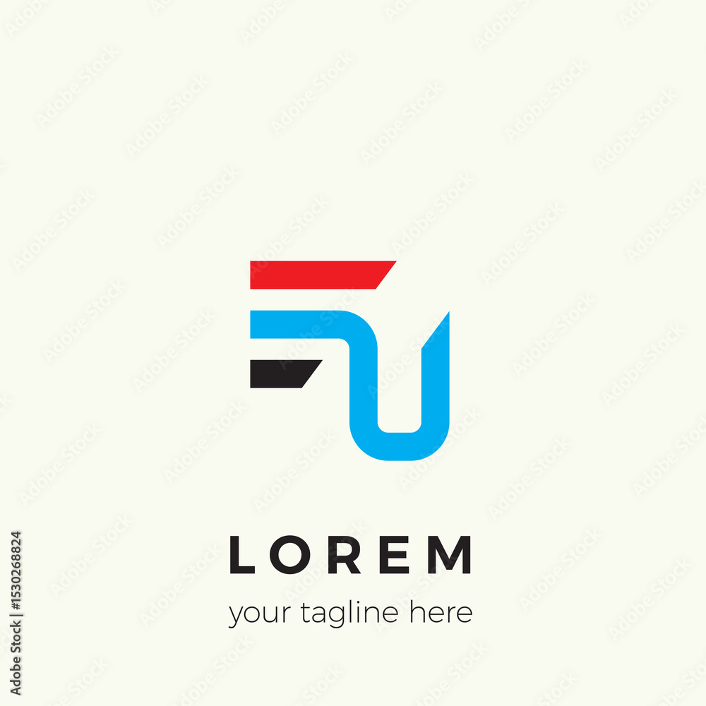 Red, blue and black logo with catching UE letters Red, blue and black logo with catching UE letters