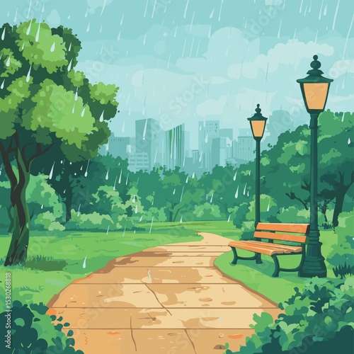 Rainy summer day in the park. Vector illustration of raining in public park with town building background, path, bench and street lamp