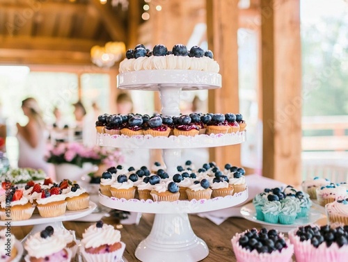 White lace pastry tower with berry tart and colorful cupcakes by window in natural light