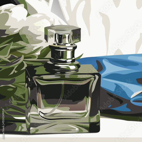 Still life of a perfume bottle with floral background