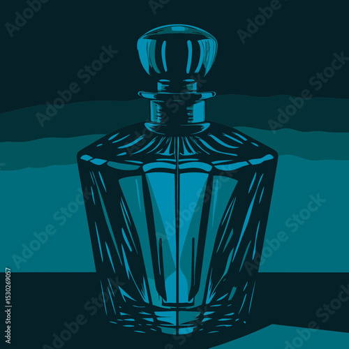Illustration of a blue glass decanter with stopper on table
