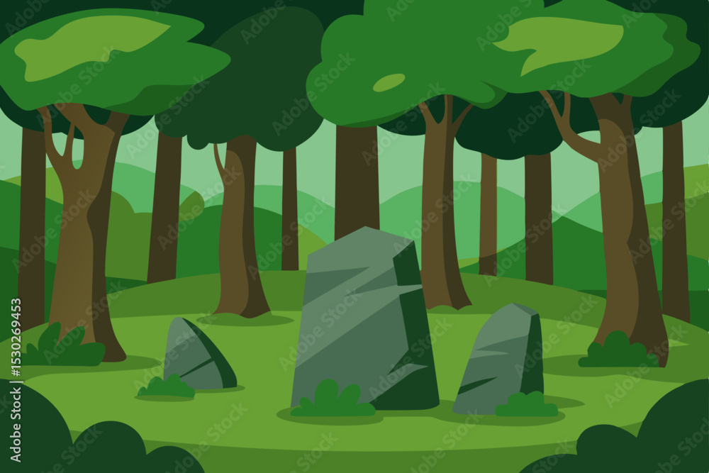 Fototapeta premium Enchanted Forest Mysterious Stones and Lush Greenery Illustration