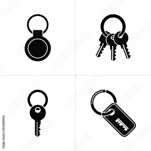 Black and White Key Icons Featuring Keyring, Multiple Keys, and Key Tag Designs