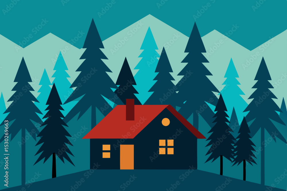 Fototapeta premium Cozy Cabin in the Mountains A Serene Winter Escape Illustration