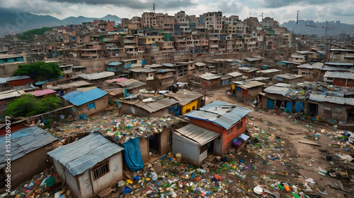 Wallpaper Mural Aerial drone view of an expansive slum settlement filled with piles of garbage, plastic waste, and debris. The image shows densely packed makeshift houses with tin roofs and worn-out structures in con Torontodigital.ca